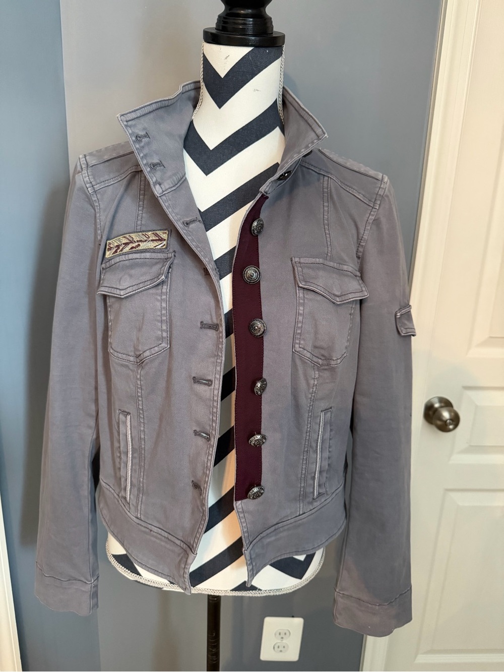 White House Black Market Gray Military-Style Button Jacket - Picture 3 of 6